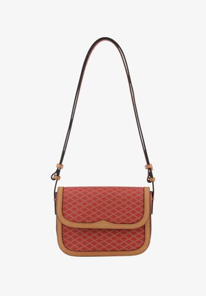 Sac bandoulière avec motif losanges rouges et bordure marron clair, avec une sangle noire réglable.