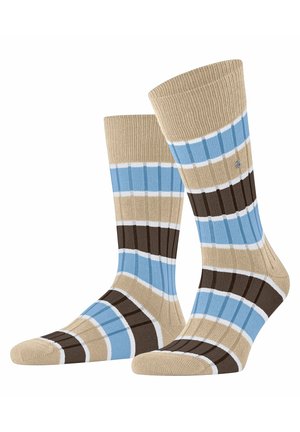 Pair of ribbed socks with horizontal stripes in beige, light blue, dark brown, and white on a white background.