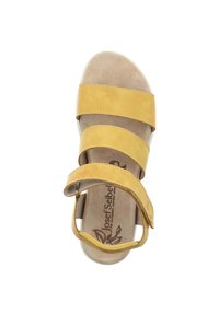 Yellow leather sandal with three wide straps, a back strap, and a padded footbed. Textured insole with brand logo. Smooth outsole.