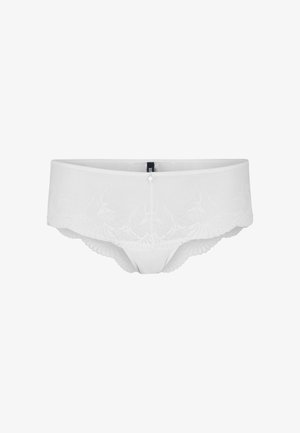 Brief in pizzo bianco con motivo floreale, elastico in vita, texture liscia e bordi scallop. Presenta un piccolo accento decorativo a forma di stella.