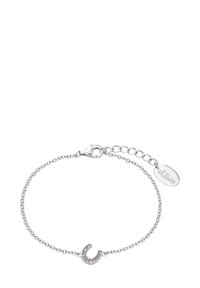 Bracciale in argento con un charm a forma di ferro di cavallo adornato con pietre rosa, chiusura a gancio e un piccolo cartellino incisi con "s.Oliver."