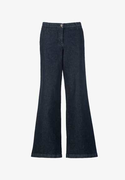 Mørk denim flared bukser med knaplukning og bæltestropper. Har et bredt ben design og en ren kant uden synlige mønstre.