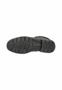 Suola di scarpa in gomma nera con modelli di battistrada testurizzati, logo del marchio e design robusto per la trazione. Presenta elementi in rilievo per una maggiore durata.