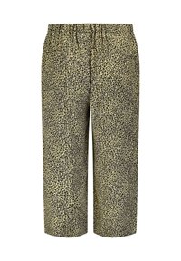 Leopardmönstrade, korta byxor i beige med svarta fläckar; elastisk midja; lättviktig tyg med en mjuk textur.