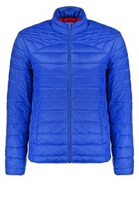 Blue quilted jacket featuring a stand-up collar, zip front closure, and two side pockets. Made from lightweight, smooth material with a sleek design.