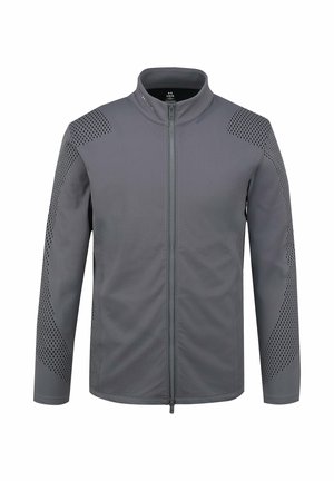 Gray full-zip sports jacket with high collar and perforated ventilation panels on shoulders and sleeves, sized Large.