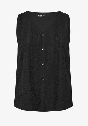 Schwarzes ärmelloses Oberteil mit V-Ausschnitt, mit einem strukturierten Muster und fünf Knöpfen auf der Vorderseite. Der Stoff hat ein dezentes Design mit erhabenen Elementen.