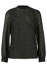 Blusa nera trasparente con maniche lunghe, caratterizzata da un motivo a pois dorati. Dettagli arruffati sulle spalle e sui polsi, girocollo classico.