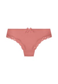 Gestreifte Pfirsichunterwäsche mit Spitzenakzenten an den Seiten, ausgestattet mit einem zentralen Schleifendetail an der Vorderseite und einem Baumwollmischgewebe.
