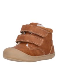 Bottines en daim marron avec deux sangles Velcro, doublure douce, bout arrondi et semelle en caoutchouc avec un motif de adhérence texturé.