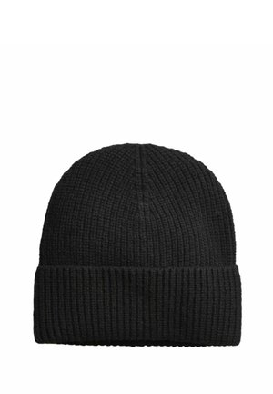 Berretto lavorato a maglia nero con texture a coste e risvolto. Il design è semplice e cilindrico, adatto per un abbigliamento casual.