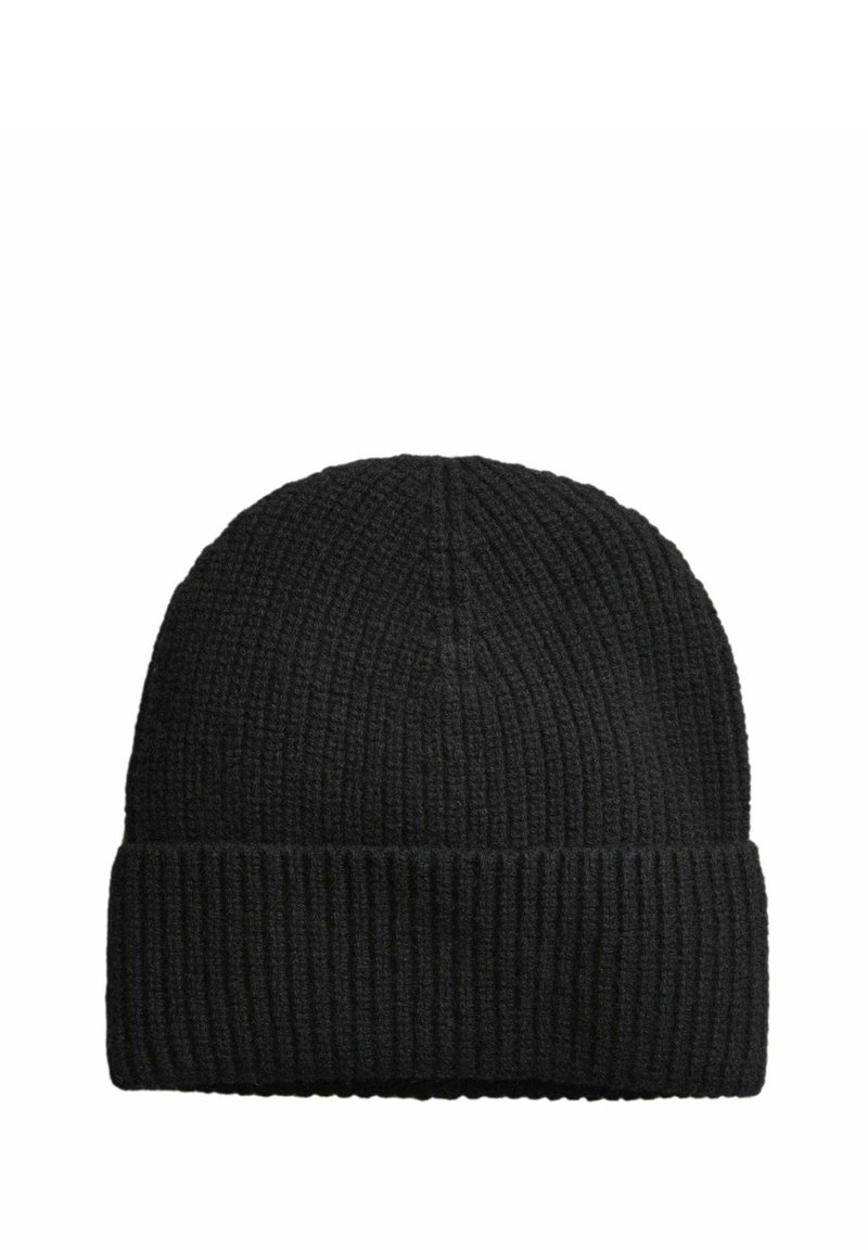 Berretto lavorato a maglia nero con texture a coste e risvolto. Il design è semplice e cilindrico, adatto per un abbigliamento casual.