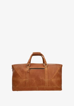 Borsa da viaggio in pelle marrone con due manici, tasca frontale con cerniera e dettagli di cucitura visibili. Forma rettangolare complessiva con texture liscia.