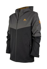 Chaqueta con capucha en una combinación de colores negro y gris oscuro, hecha de material softshell. Cuenta con un cierre de cremallera y un logo en el pecho.