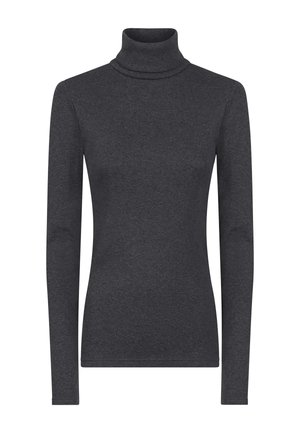 Maglia a collo alto di colore grigio scuro, design aderente con maniche lunghe, realizzata in un tessuto morbido e elasticizzato. Presenta un colletto piegato all'escella.
