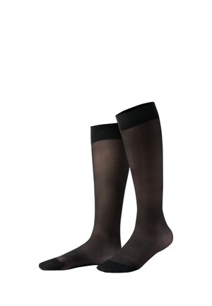 Pair of black knee-high sheer compression socks with reinforced toes and cuffs, displayed standing upright on a white background.