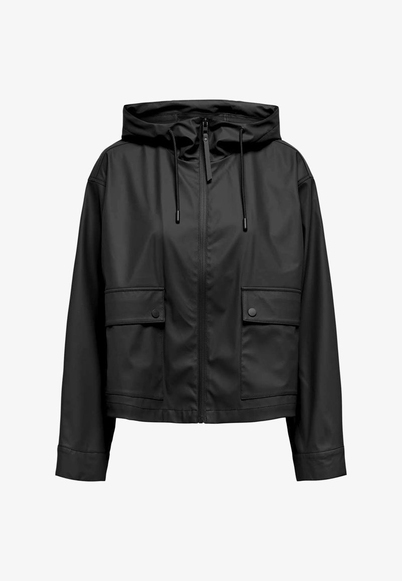 Veste noire imperméable avec capuche. Comprend une fermeture éclair, deux poches avant avec boutons-pression et un design court. Texture lisse.