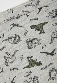 Šedá látka s opakujícím se vzorem různých dinosaurů v černé a zelené barvě, včetně T-Rexe, raptora a triceratopa, s textovými popisky.