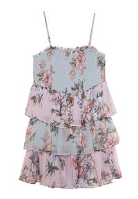 Kukallinen mekko ohuilla olkaimilla, jossa pastellinsinisiä ja vaaleanpunaisia kerroksia röyhelöillä. Valmistettu kevyestä kankaasta, koristeltu erilaisilla kukkakuvioilla.