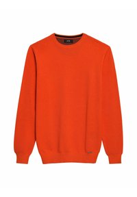 Pomarańczowy sweter dzianinowy z okrągłym dekoltem, długimi rękawami i teksturowanym wzorem. Posiada prążkowane mankiety i dół, z małym detalem logo.