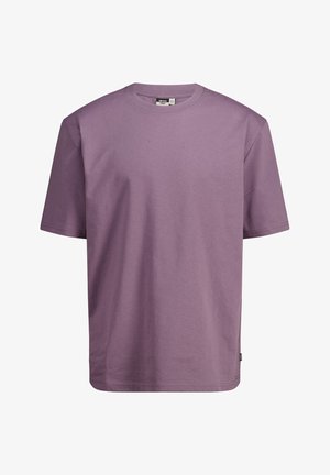 Purple cotton t-shirt with short sleeves, crew neck, and relaxed fit. Smooth texture and minimalistic design without patterns or accents.
