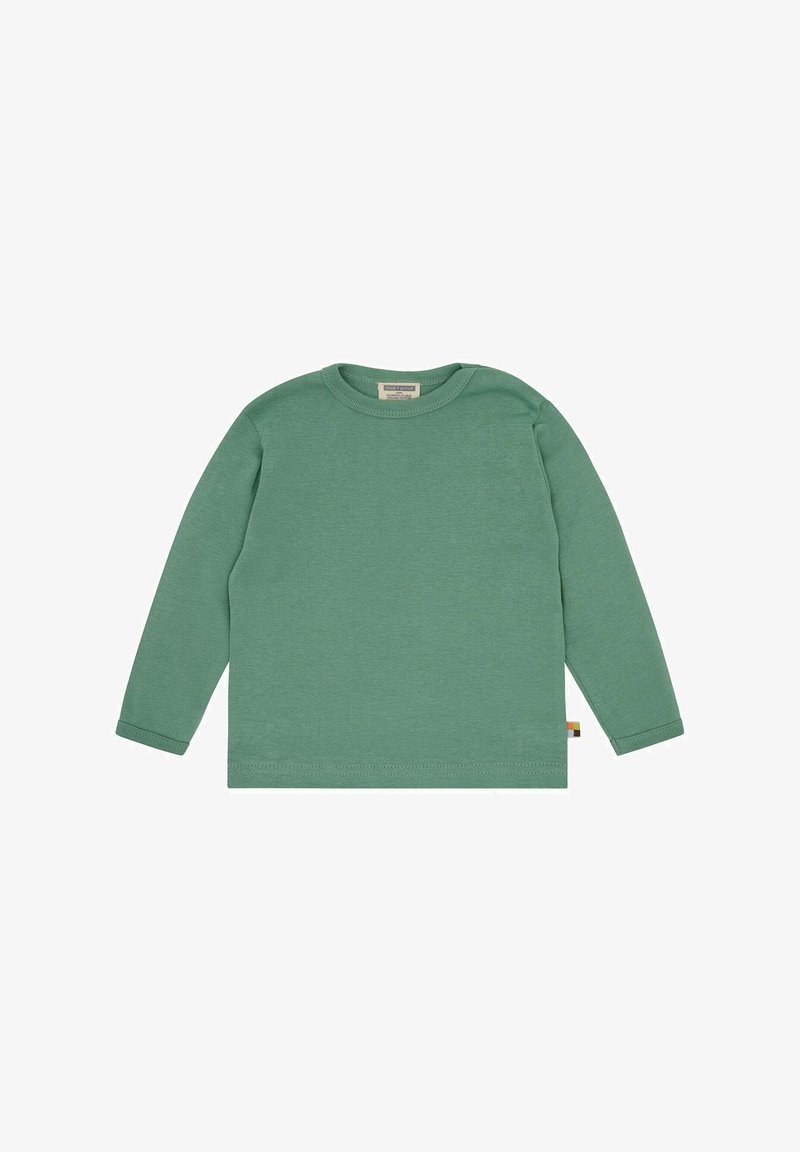 Grünes Langarmshirt aus Baumwolle mit Rundhalsausschnitt und gerippten Bündchen. Ohne Muster; an der Seite befindet sich ein kleines, mehrfarbiges Etikett.