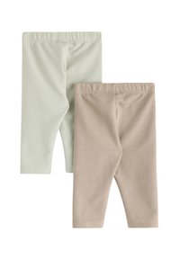 Due coppie di leggings per neonati: una in verde chiaro e l'altra in beige, realizzate in un tessuto morbido e elasticizzato con vita elastica.