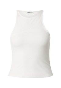 Weißes geripptes Tanktop mit hohem Kragen und figurbetontem Design. Hat eine dezente Textur und einen geraden Saum. Das Etikett trägt den Schriftzug "EDITED."