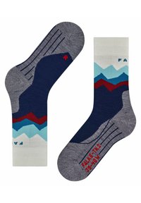 Calze navy e grigie con motivi montani in rosso, turchese e bianco. Include indicatore di taglia in rosso sulla parte inferiore. Materiale misto cotone.