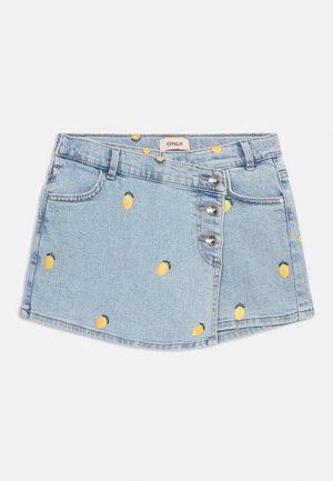 Light blue denim mini skirt with yellow lemon prints, three silver buttons, and front belt loops.