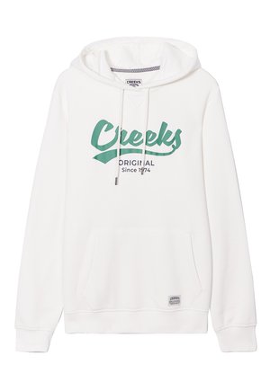 Felpa bianca con un grande logo verde "Creeks", tasca a canguro e cappuccio con cordini. Realizzata in materiale morbido e testurizzato.