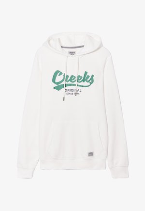 Witte hoodie met een groot groen "Creeks" logo, kangoeroezak en capuchon met trekkoord. Gemaakt van zacht,textuurmateriaal.