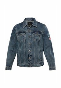 Džínová bunda v středně modré barvě s klasickým límečkem, dvěma náprsními kapsami a knoflíkovým zapínáním. Obsahuje vyšívané logo a nášivku s americkou vlajkou.