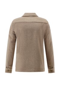 Brown wool jacket featuring a collared neckline, long sleeves, button cuffs, and a smooth texture with a plain design.