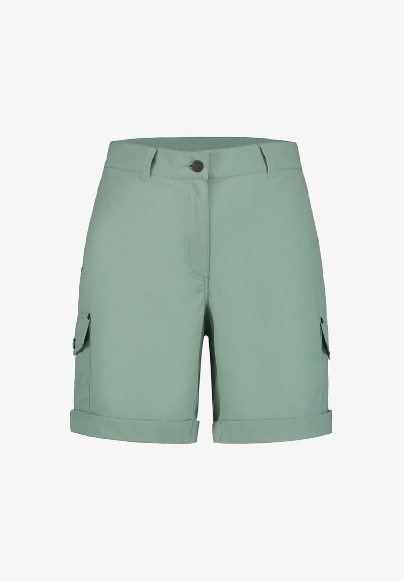 Hellgrüne Cargo-Shorts mit umgeschlagenem Saum; ausgestattet mit zwei seitlichen Taschen, vorderer Knopfverschluss und glattem, synthetischem Stoff.