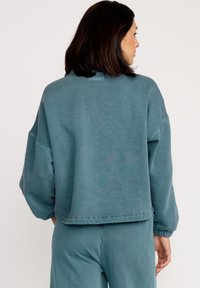 En teal sweatshirt med en afslappet pasform, lange ærmer og en cropped kant. Har subtil branding på ryggen og en glat tekstur.