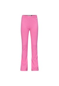 Pantaloni scampanati rosa con un motivo a diamante. Vita elastica e tessuto morbido, progettati per comfort e stile.