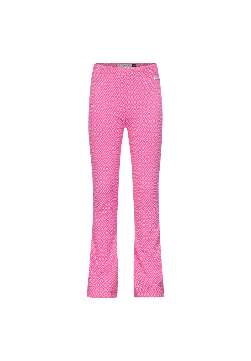 Pantaloni scampanati rosa con un motivo a diamante. Vita elastica e tessuto morbido, progettati per comfort e stile.
