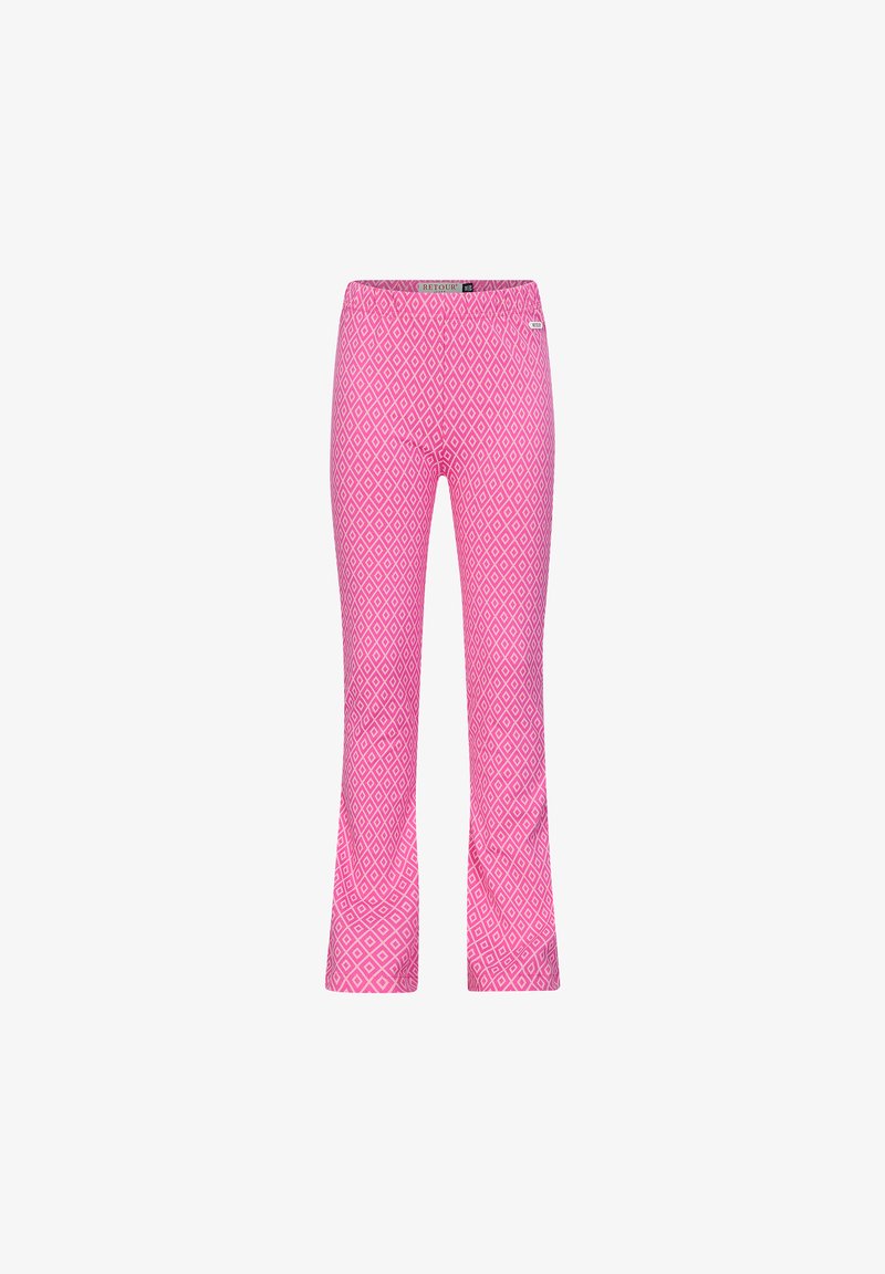 Roze flared broeken met een diamantpatroon. Elastische tailleband en een gladde stofstructuur, ontworpen voor comfort en stijl.