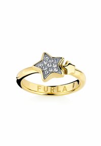 Zlatý prsteň s dizajnom hviezdy ozdobený priesvitnými kryštálmi a menšou hviezdovou akcentáciou. Na obruči je vygravírované "FURLA".