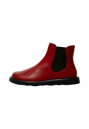 Red leather ankle Chelsea boot with black elastic side panel and black sole, shown from the outer side on a white background.