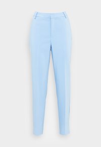Pantaloni sartoriali azzurri chiari con design slim-fit, fronte piatto e tasche laterali. Realizzati in tessuto liscio con una sottile trama.
