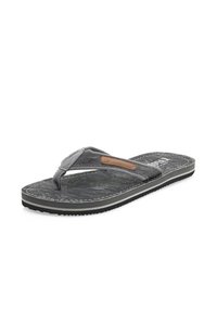Gray flip-flop featuring a fabric strap with leather accent, textured footbed, and a rubber sole with white stitching and black edging.