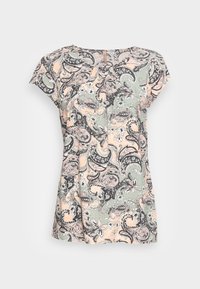 Kortærmet top i et paisley-mønster med sorte, pink og grønne nuancer. Har rund halsudskæring og blødt, letvægtsstof.