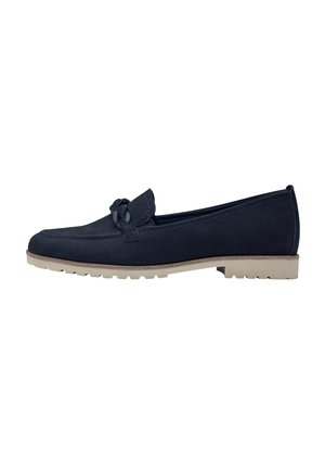 Navy blue suede loafers with a decorative knot on the front, featuring a light tan rubber sole with traction details.