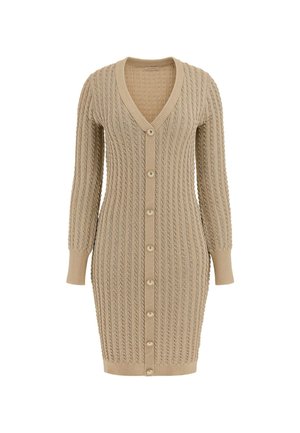 Beige gestricktes Cardigan-Kleid mit V-Ausschnitt, langen Ärmeln, strukturiertem Rippendesign und vorderen Knöpfen entlang der Mitte.