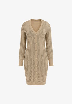 Béžové pletené šaty s kardigánom majú výstrih do V, dlhé rukávy, štruktúrovaný rebrovaný dizajn a predné gombíky po celej dĺžke.