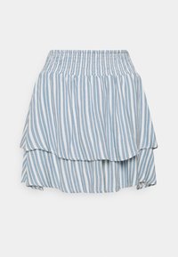 Gonna a strisce verticali blu e bianche a strati con cintura elastica arricciata e orlo svasato.