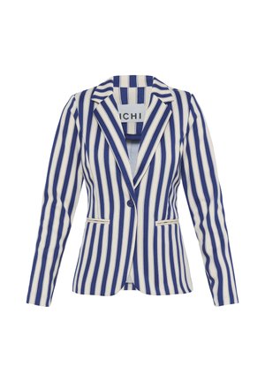 Kék-fehér függőlegesen csíkos zakó, vésett hajtókával, egy gombos záródással és két első oldalzsebbel.