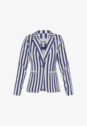 Sinivalkoinen pystyraitainen bleiseri, jossa on lovettu kaulus, yksinkertainen nappikiinnitys ja kaksi etutaskua.